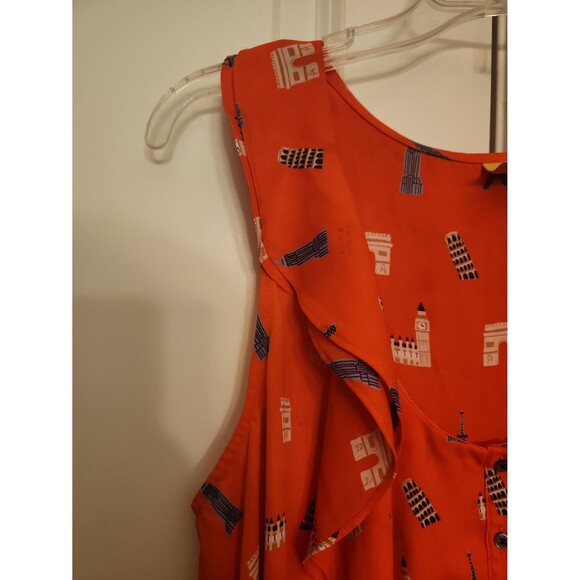 Maeve by Anthropologie Orange Sleeveless Top Ruffles & Famous Buildings Size 12 - Picture 8 of 11